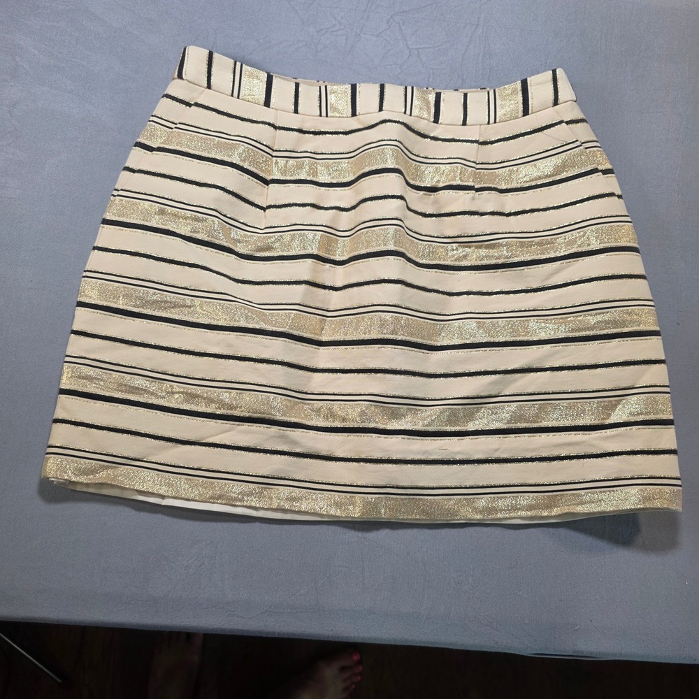 J.Crew Gold Metallic Striped Silk Blend Mini Skirt Size 4 Black Cream Gold